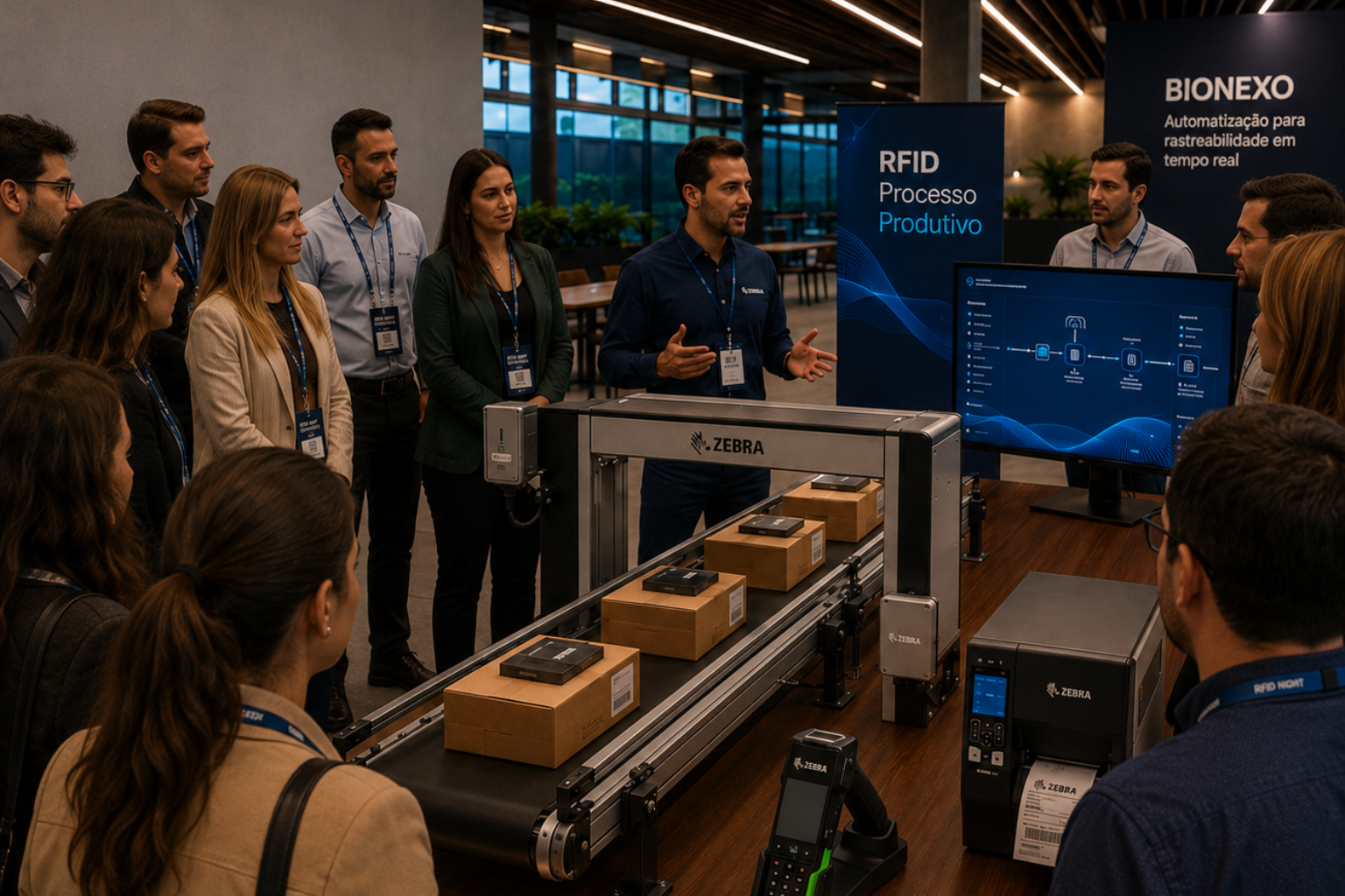 Especialista da Zebra apresenta processo produtivo com leitura RFID em esteira para grupo de participantes
